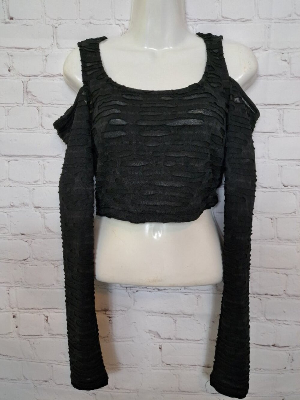 Fashion Nova NEW Cold Shoulder Semi Sheer Textured Crop Top Size Small